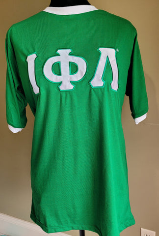 Green/white Greek letter ringer tee